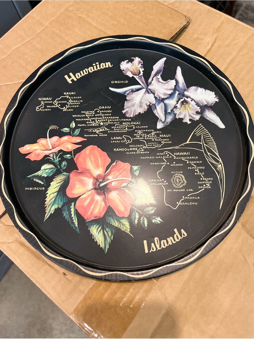 Vintage Hawaiian Islands Round Black Metal Souvenir Serving Tray Platter 11”